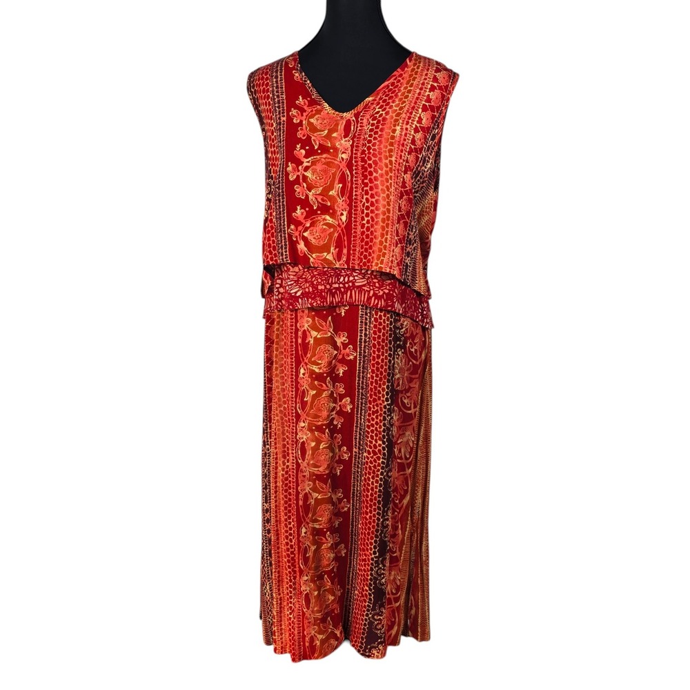 Rabbit Rabbit Designs Red Orange Batik Rayon Maxi Dress‎ Womens 10P Made in USA